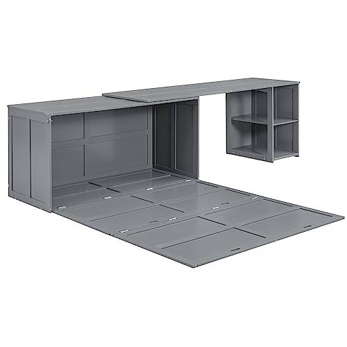 BOVZA Queen Size Rotable Desk and Storage Drawers, Murphy Cube Cabinet Bed for Small Spaces, Gray