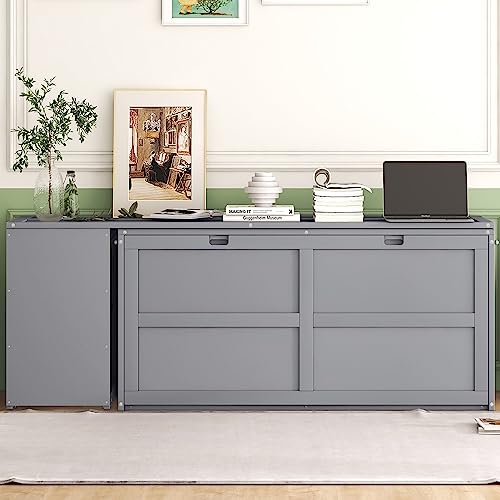 BOVZA Queen Size Rotable Desk and Storage Drawers, Murphy Cube Cabinet Bed for Small Spaces, Gray