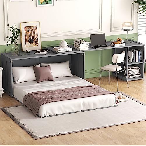 BOVZA Queen Size Rotable Desk and Storage Drawers, Murphy Cube Cabinet Bed for Small Spaces, Gray