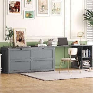 BOVZA Queen Size Rotable Desk and Storage Drawers, Murphy Cube Cabinet Bed for Small Spaces, Gray