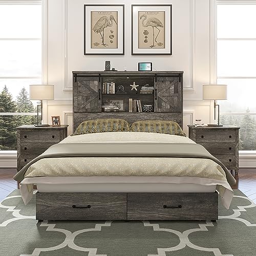 HOWE Queen Size Wood Platform Bed Frame with 51.2" Bookcase Headboard, Storage bed with Sliding Barn Door Charging Station 2 Drawers, No Box Spring Needed/Noise Free/Farmhouse/Rustic Grey