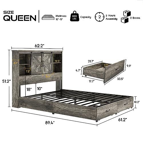 HOWE Queen Size Wood Platform Bed Frame with 51.2" Bookcase Headboard, Storage bed with Sliding Barn Door Charging Station 2 Drawers, No Box Spring Needed/Noise Free/Farmhouse/Rustic Grey