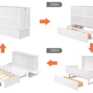 JIVOIT Queen Size Mobile Murphy Bed, Modern Style Platform Bed with Drawer and Little Shelves on Each Side, Solid Wood Foldable Platform Bed for Guest Rooms