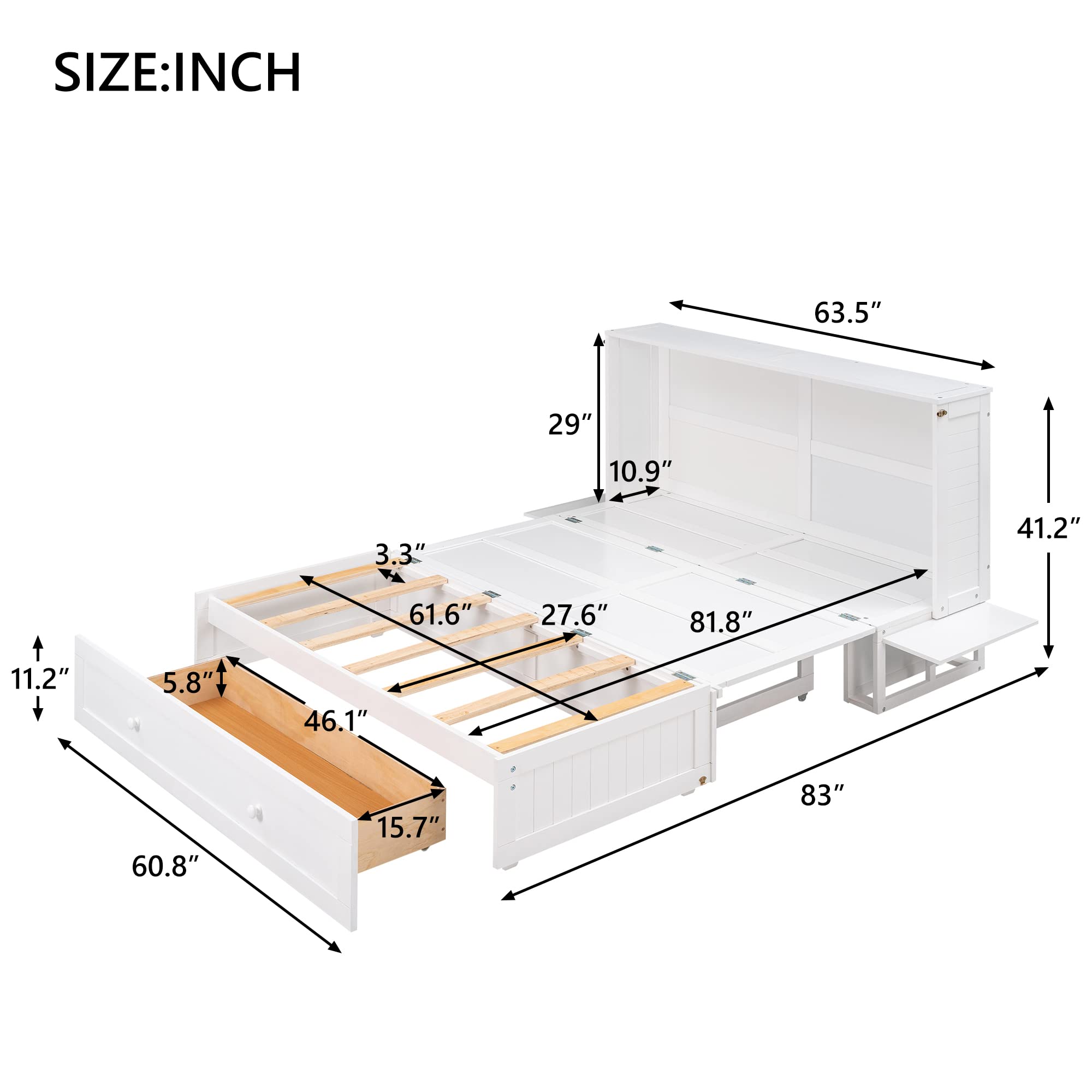 JIVOIT Queen Size Mobile Murphy Bed, Modern Style Platform Bed with Drawer and Little Shelves on Each Side, Solid Wood Foldable Platform Bed for Guest Rooms