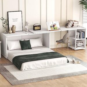 deyobed wooden queen size murphy bed frame with rotable desk and 2 storage shelves, suitable for small bedrooms, studio apartments, and multi-functional rooms, space saving, white