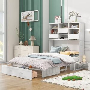 deyobed queen size murphy bed - features bookcase, bedside shelves, and spacious drawer - space-saving solution for guest room or home office - white