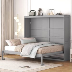runna multifunctional queen size murphy bed wall bed,solid wood wall bed can be folded into a cabinet,saves bedroom space, ideal for guest rooms and offices (grey#plywood1+)