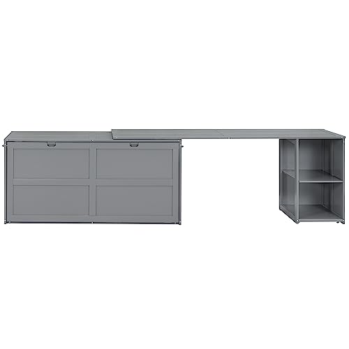 DEYOBED Wooden Queen Size Murphy Bed Frame with Rotable Desk and 2 Storage Shelves, Suitable for Small Bedrooms, Studio Apartments, and Multi-functional Rooms, Space saving, Gray