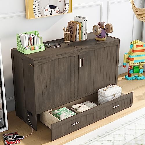 WADRI Queen Size Murphy Bed with Built-in Charging Station, Solid Wood Foldable Platform Bed Frame Can Convert to Cabinet, Multifunctional Murphy Bed for Kids Teens Adult Bedroom