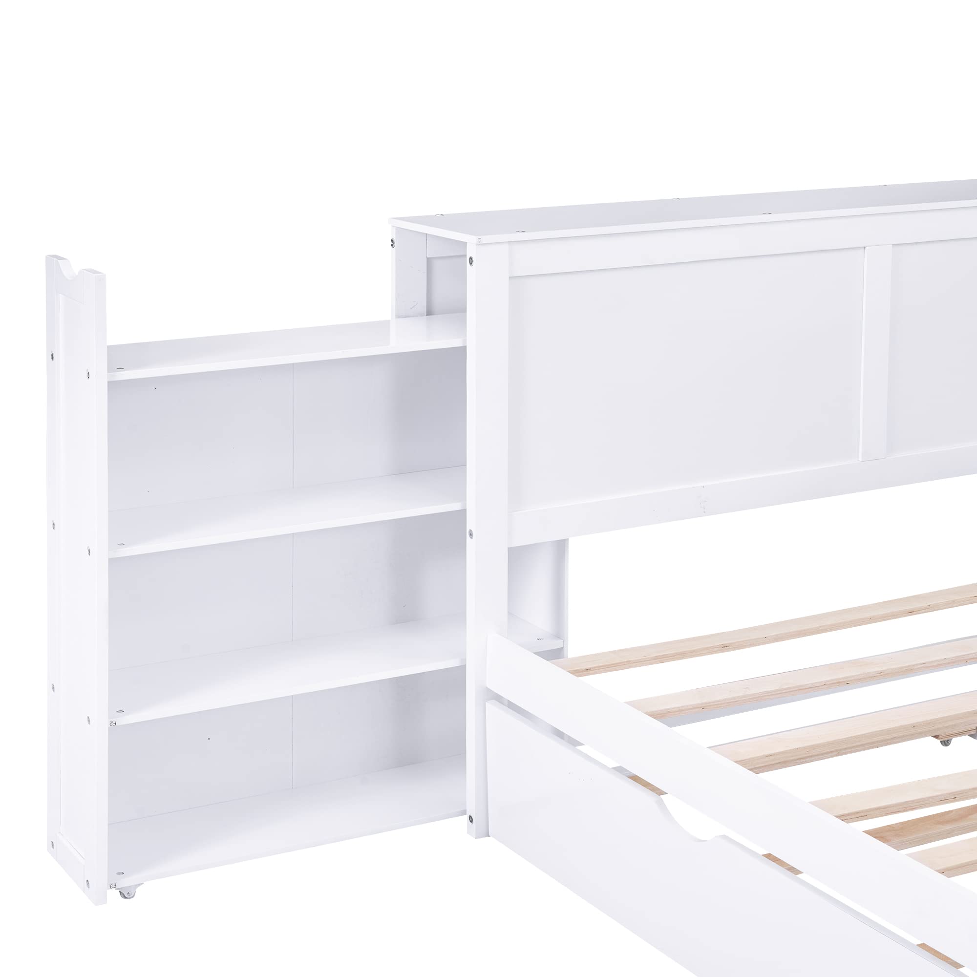 RUNNA Elegant Queen Size Platform Bed with Pull Out Shelves,Wooden Storage Bed with Twin Size Trundle,for Kids Teens Adults Bedroom Use (White#n, Queen)