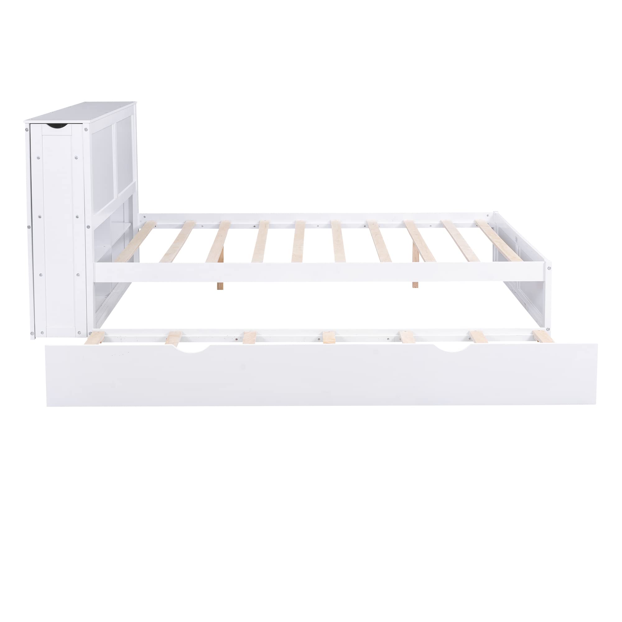 RUNNA Elegant Queen Size Platform Bed with Pull Out Shelves,Wooden Storage Bed with Twin Size Trundle,for Kids Teens Adults Bedroom Use (White#n, Queen)