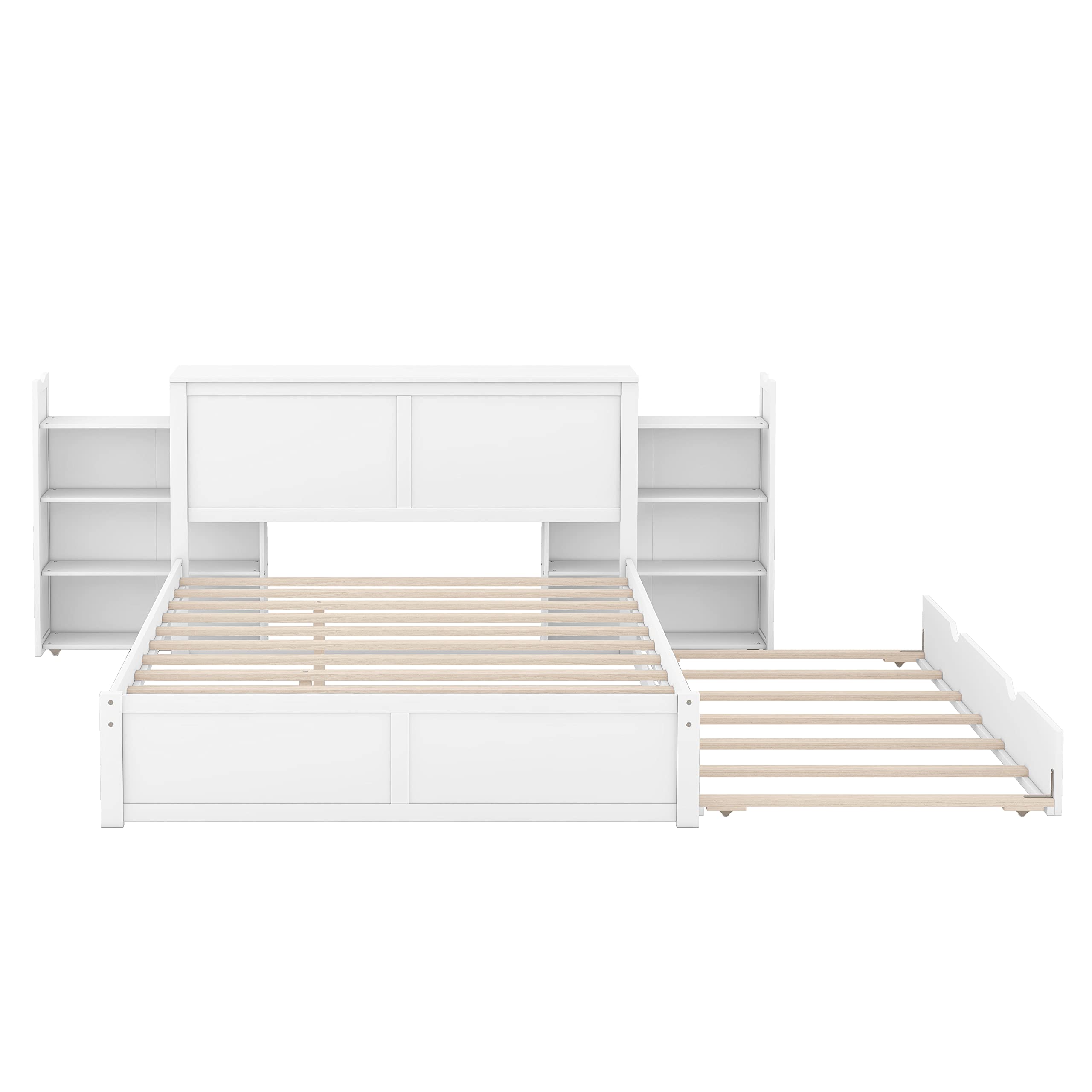 RUNNA Elegant Queen Size Platform Bed with Pull Out Shelves,Wooden Storage Bed with Twin Size Trundle,for Kids Teens Adults Bedroom Use (White#n, Queen)