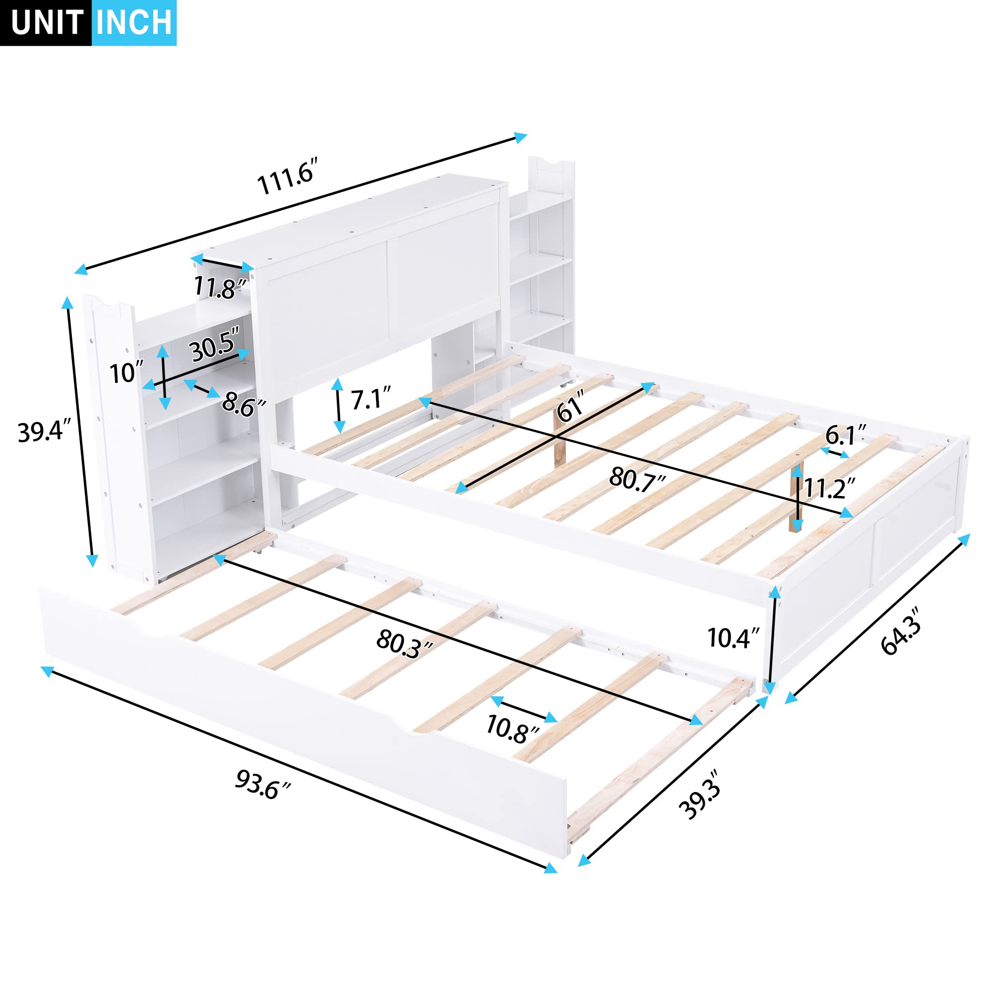 RUNNA Elegant Queen Size Platform Bed with Pull Out Shelves,Wooden Storage Bed with Twin Size Trundle,for Kids Teens Adults Bedroom Use (White#n, Queen)