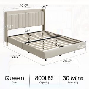 Saudism Queen Size Upholstered Bed Frame, Floating Bed Frame with Wingback Storage Headboard, Type-C & USB Ports, LED Lights, Solid Wood Slats Support, No Box Spring Needed, Noise-Free, Beige