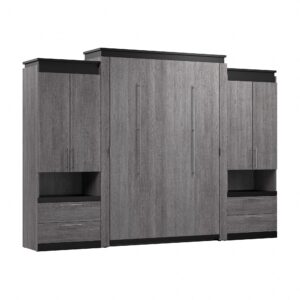 Bestar Orion Queen Murphy Bed with Storage Cabinets and Pull-Out Shelves (126W) in Bark Grey and Graphite, Sleeping Arrangement with Organization