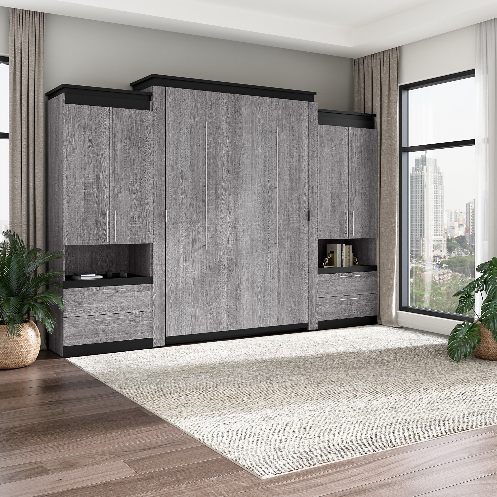 Bestar Orion Queen Murphy Bed with Storage Cabinets and Pull-Out Shelves (126W) in Bark Grey and Graphite, Sleeping Arrangement with Organization