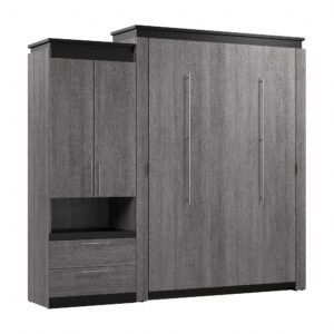 bestar orion queen murphy bed with storage cabinet and pull-out shelf, sleeping arrangement with shelves, bark grey and graphite