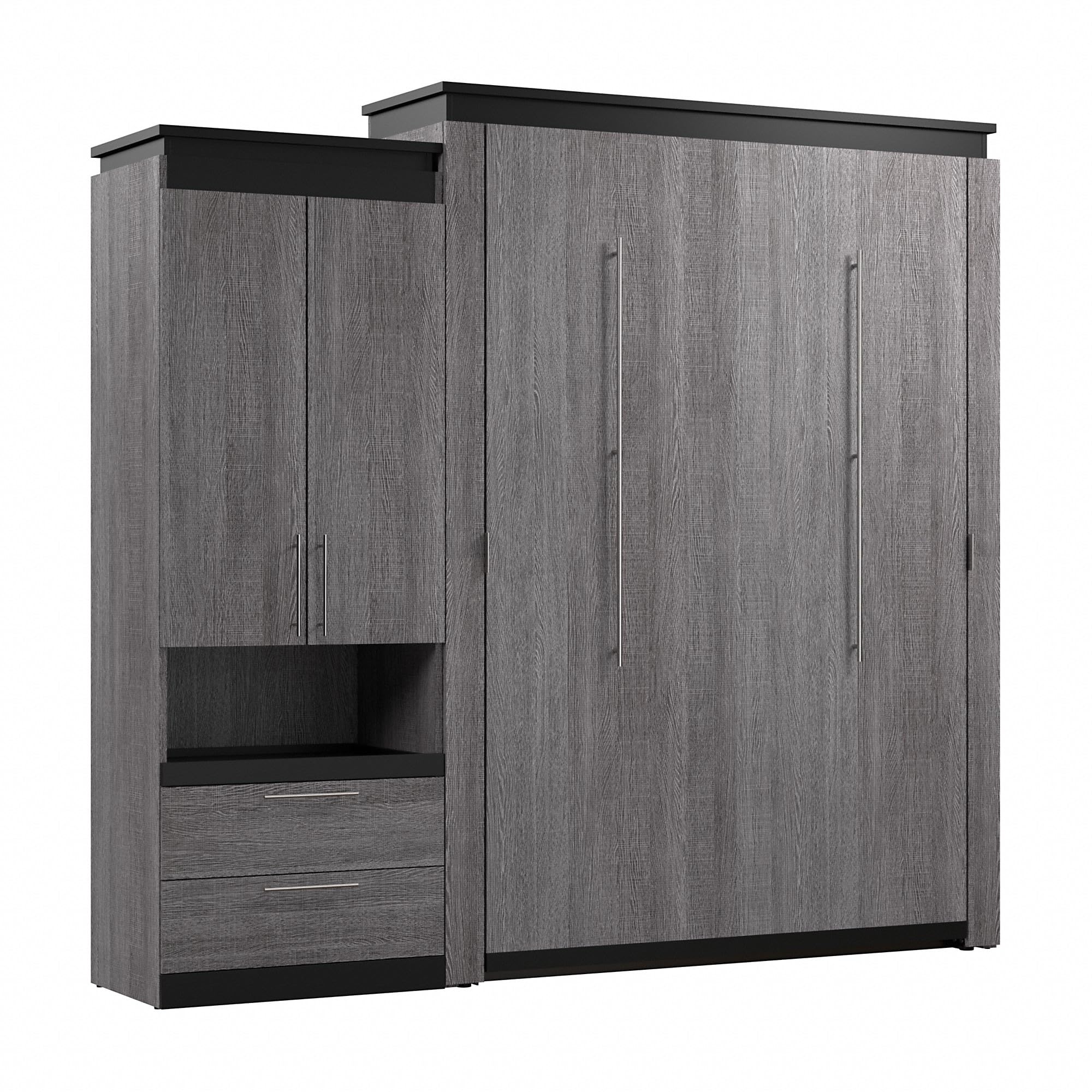 Bestar Orion Queen Murphy Bed with Storage Cabinet and Pull-Out Shelf, Sleeping Arrangement with Shelves, Bark Grey and Graphite