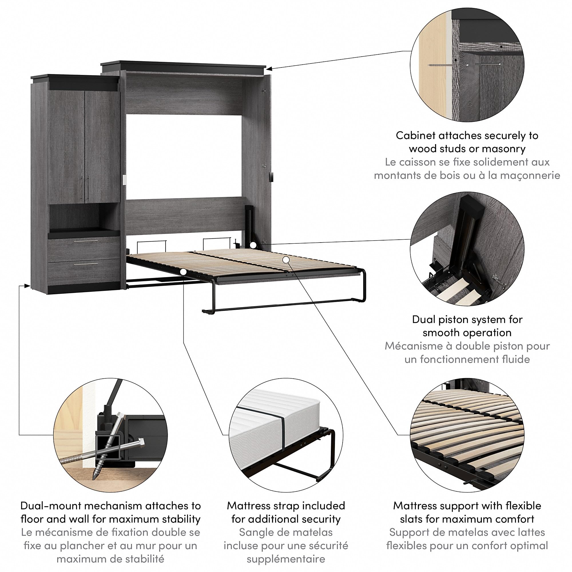 Bestar Orion Queen Murphy Bed with Storage Cabinet and Pull-Out Shelf, Sleeping Arrangement with Shelves, Bark Grey and Graphite