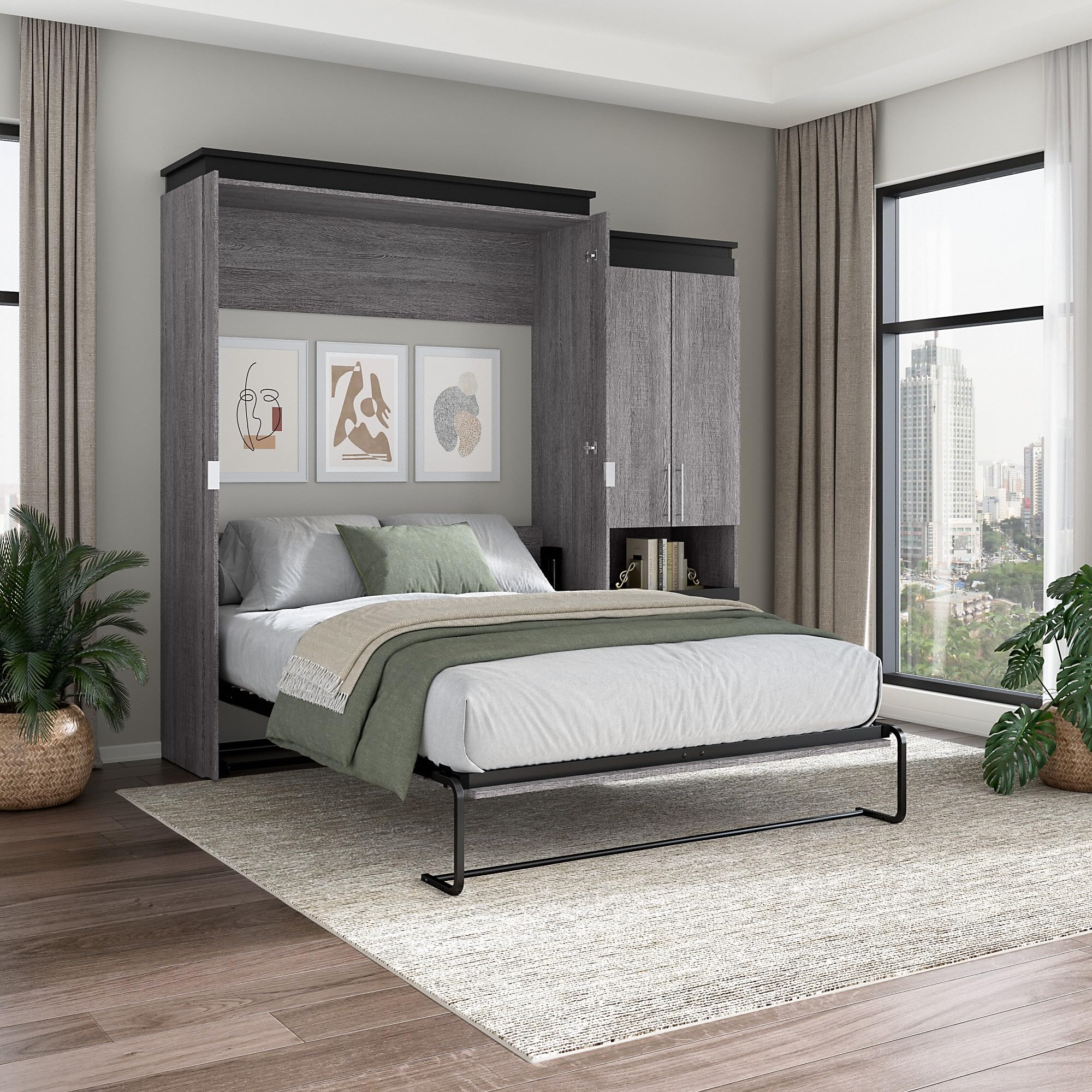 Bestar Orion Queen Murphy Bed with Storage Cabinet and Pull-Out Shelf, Sleeping Arrangement with Shelves, Bark Grey and Graphite