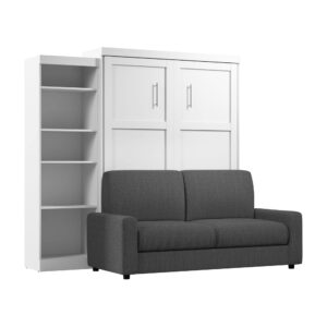 bestar pur queen murphy bed with shelving unit, space-saving sleeping arrangement for multipurpose room in white