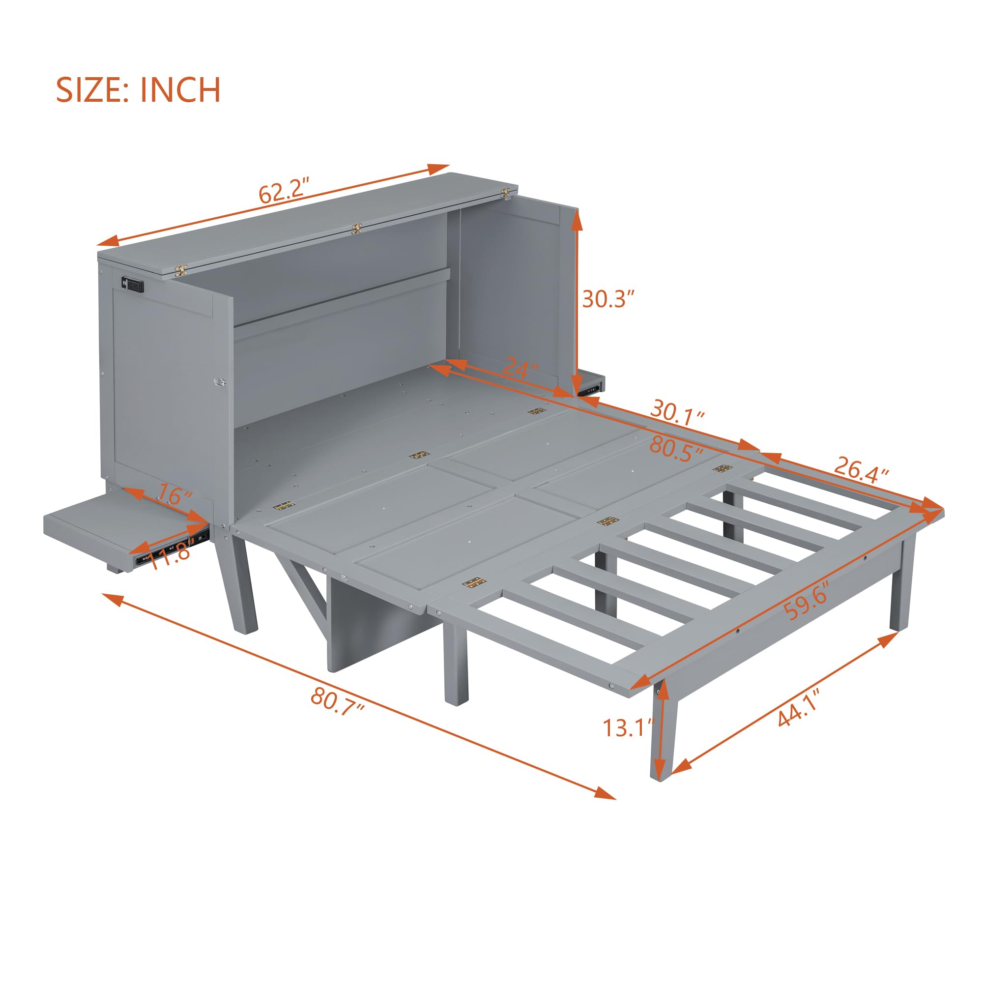 BEDGJH Murphy Bed, Queen Size Murphy Bed with USB Port and Removable Shelves on Each Side for Kids Teens, Space Saving Design & Easy Assembly (Gray, Queen)