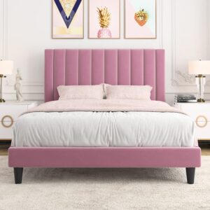 allewie queen bed frame/velvet upholstered bed frame with vertical channel tufted headboard/strong wooden slats/platform bed frame/mattress foundation/box spring optional/easy assembly/pink