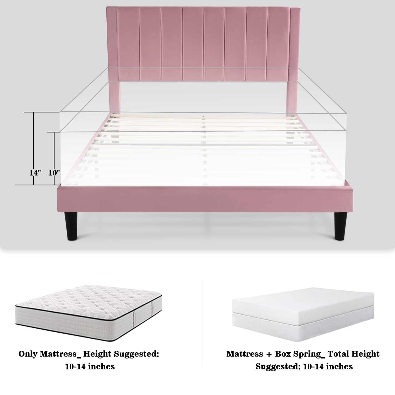 Allewie Queen Bed Frame/Velvet Upholstered Bed Frame with Vertical Channel Tufted Headboard/Strong Wooden Slats/Platform Bed Frame/Mattress Foundation/Box Spring Optional/Easy Assembly/Pink