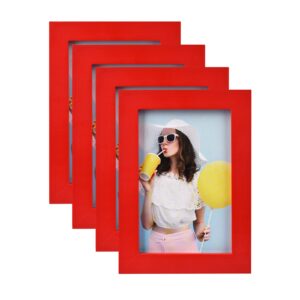 wyooxoo 4x6 picture frames set of 4, red solid wood photo frames colorful frame with hd plexiglass for tabletop display or wall (4" x 6" (4 pack), red)