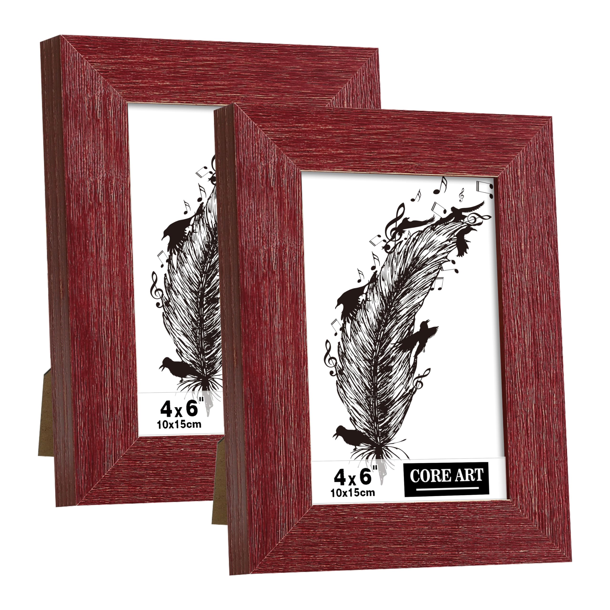 CORE ART 4x6 Picture Frame, Handmade Wood Rustic Red Photo Frame Set of 2, High Definition Semi-tempered Glass Wall or Tabletop Display