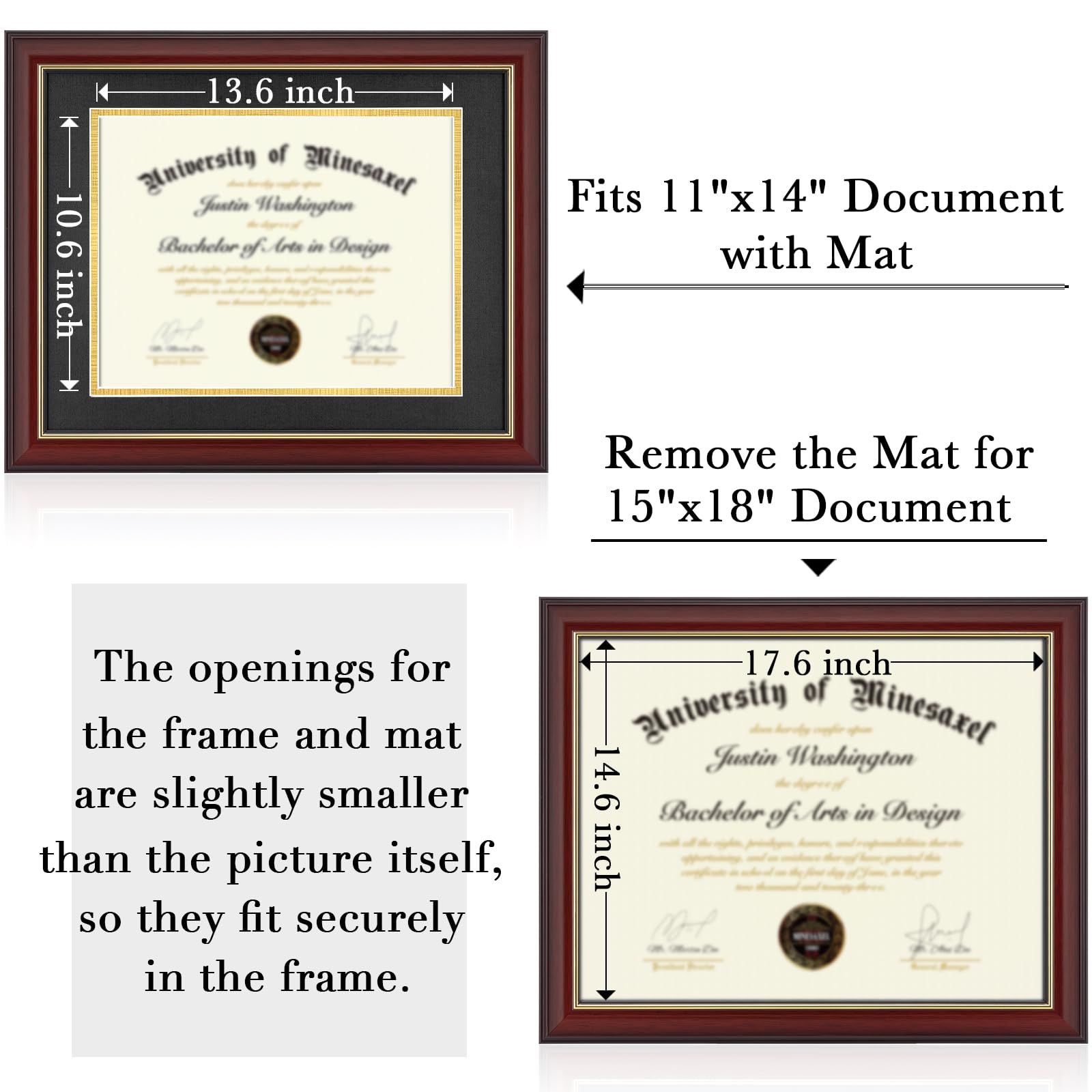 Minesaxel 15x18 Diploma Frames with 11x14 Black Mat Display Documents 11 x 14 or 15 x 18 without Mat, 14x11 Cherry Red Frame for Wall Mounting