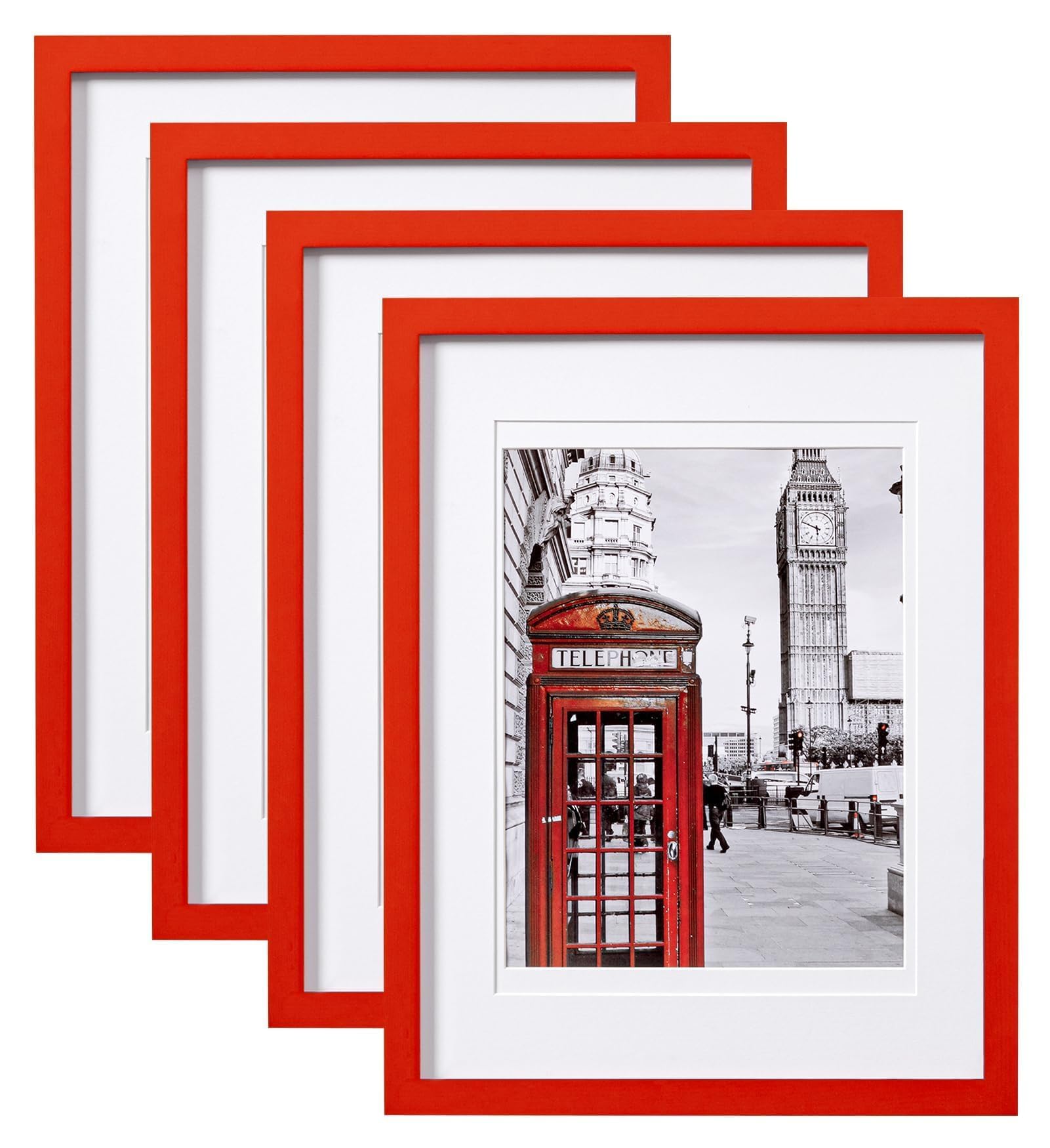 eletecpro 11x14 Picture Frame 4 Pack Made of Solid Wood and Strong Real Glass, Displays 8x10 and 8.5x11 Photos with Mat or 8x11 without Mat, Room Decor for Wall and Tabletop, Gallery Gifts Red