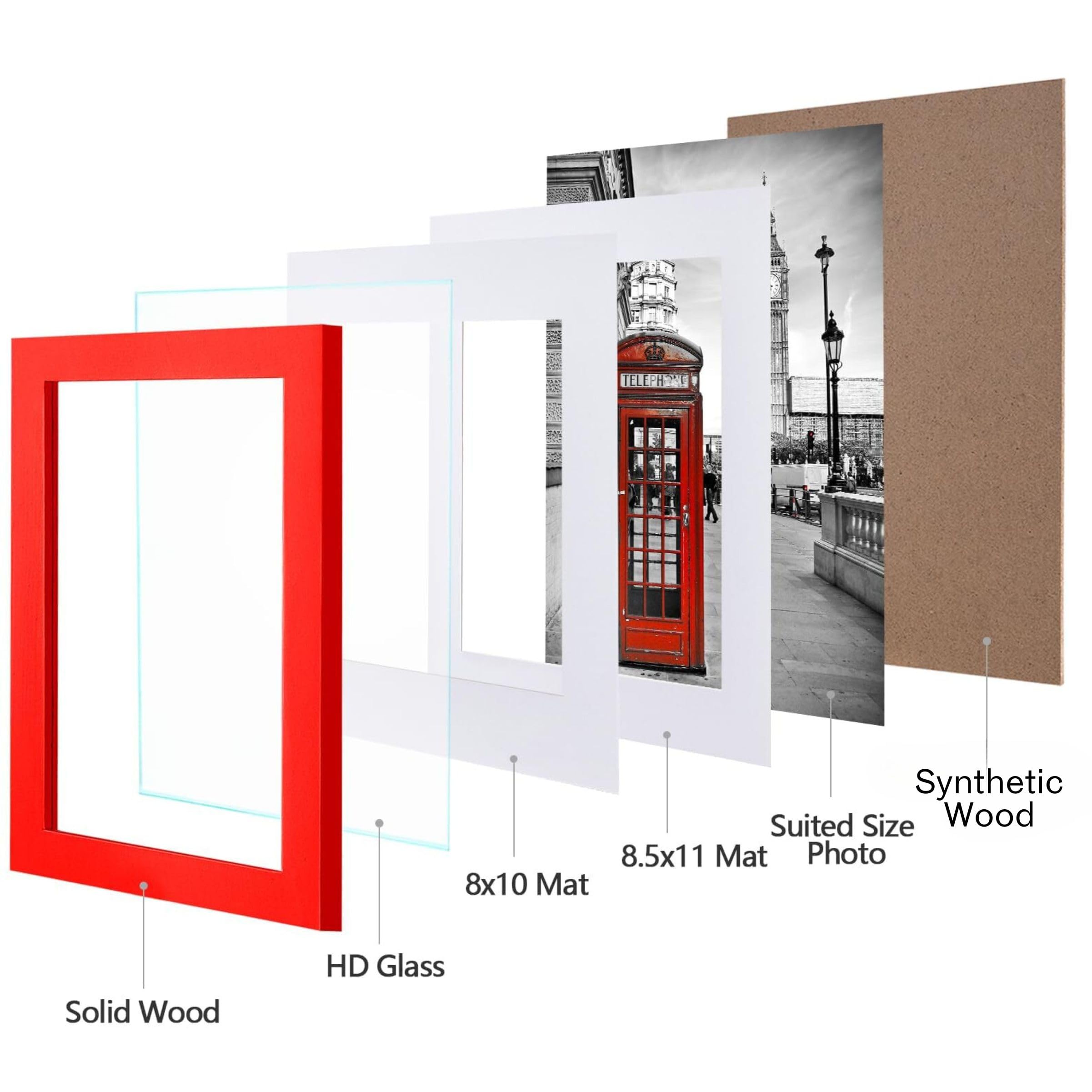 eletecpro 11x14 Picture Frame 4 Pack Made of Solid Wood and Strong Real Glass, Displays 8x10 and 8.5x11 Photos with Mat or 8x11 without Mat, Room Decor for Wall and Tabletop, Gallery Gifts Red