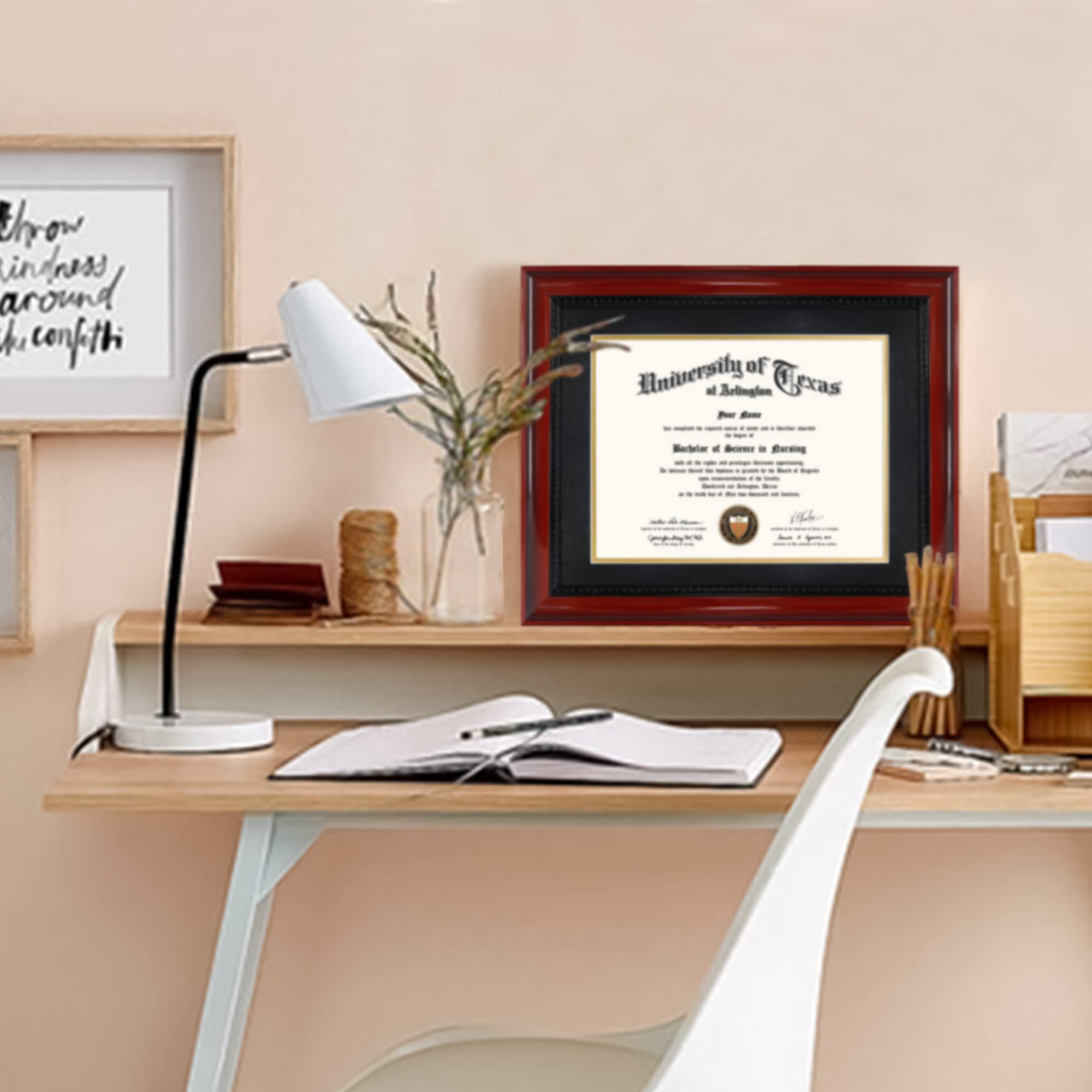 GMFrames 8.5x11 Diploma Degree Frame with Mat or Display 11x14 Certificates without Mat,Solid Wood,Cherry Finish with Intricate Black Rope Detail,UV Protection Acrylic