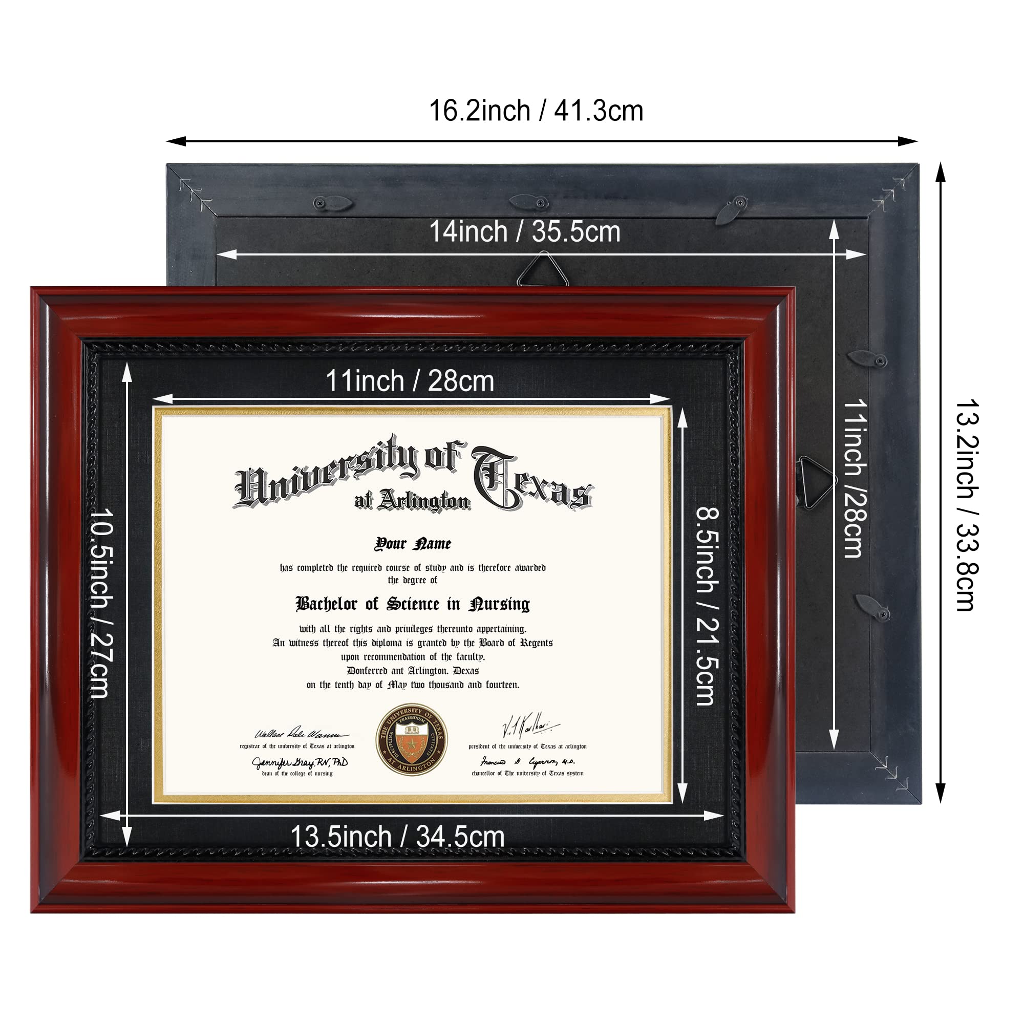 GMFrames 8.5x11 Diploma Degree Frame with Mat or Display 11x14 Certificates without Mat,Solid Wood,Cherry Finish with Intricate Black Rope Detail,UV Protection Acrylic