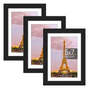 upsimples 5x7 Picture Frame Set of 3, Made of High Definition Glass for 4x6 with Mat or 5x7 Without Mat, Wall and Tabletop Display Photo Frames, Black