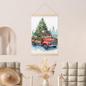 Magnetic Poster Hanger Frame, Red Truck Light Wooden Magnet Frame Hanger for Posters, Prints, Photos, Pictures, Maps, Scrolls, And Canvas Artwork, Xmas Tree Wall Hanging Kit