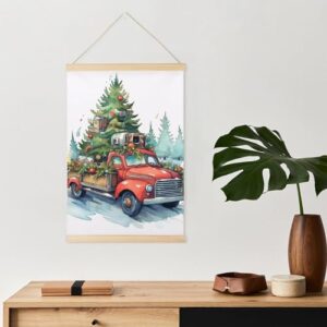 Magnetic Poster Hanger Frame, Red Truck Light Wooden Magnet Frame Hanger for Posters, Prints, Photos, Pictures, Maps, Scrolls, And Canvas Artwork, Xmas Tree Wall Hanging Kit