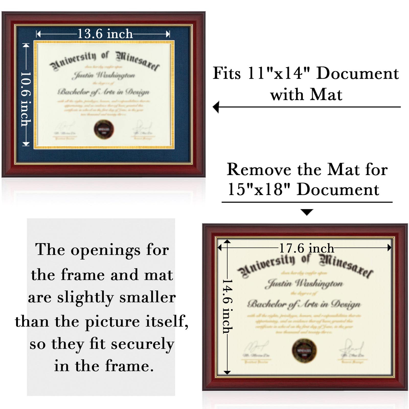 Minesaxel 15x18 Diploma Frames with 11x14 Blue Mat Display Documents 11 x 14 or 15 x 18 without Mat, 14x11 Cherry Red Frame for Wall Mounting