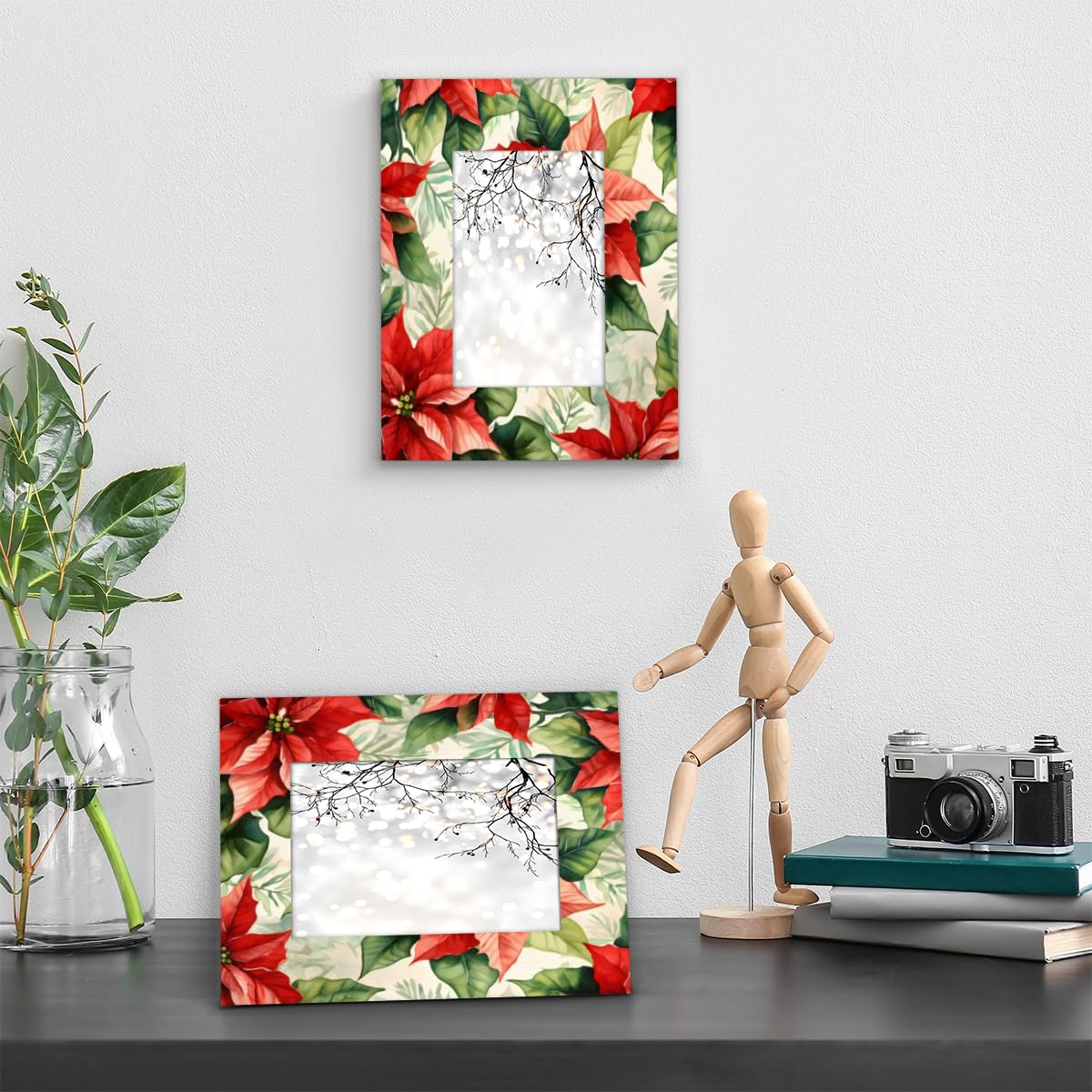 Mardesigns Christmas 5x7 Picture Frame, Red Poinsettia Photo Picture Frame Display 5x7 or 4x6 Pictures for Wall and Table Vertical or Horizontal Display Photo Frame