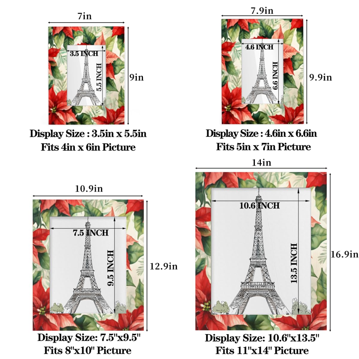 Mardesigns Christmas 5x7 Picture Frame, Red Poinsettia Photo Picture Frame Display 5x7 or 4x6 Pictures for Wall and Table Vertical or Horizontal Display Photo Frame