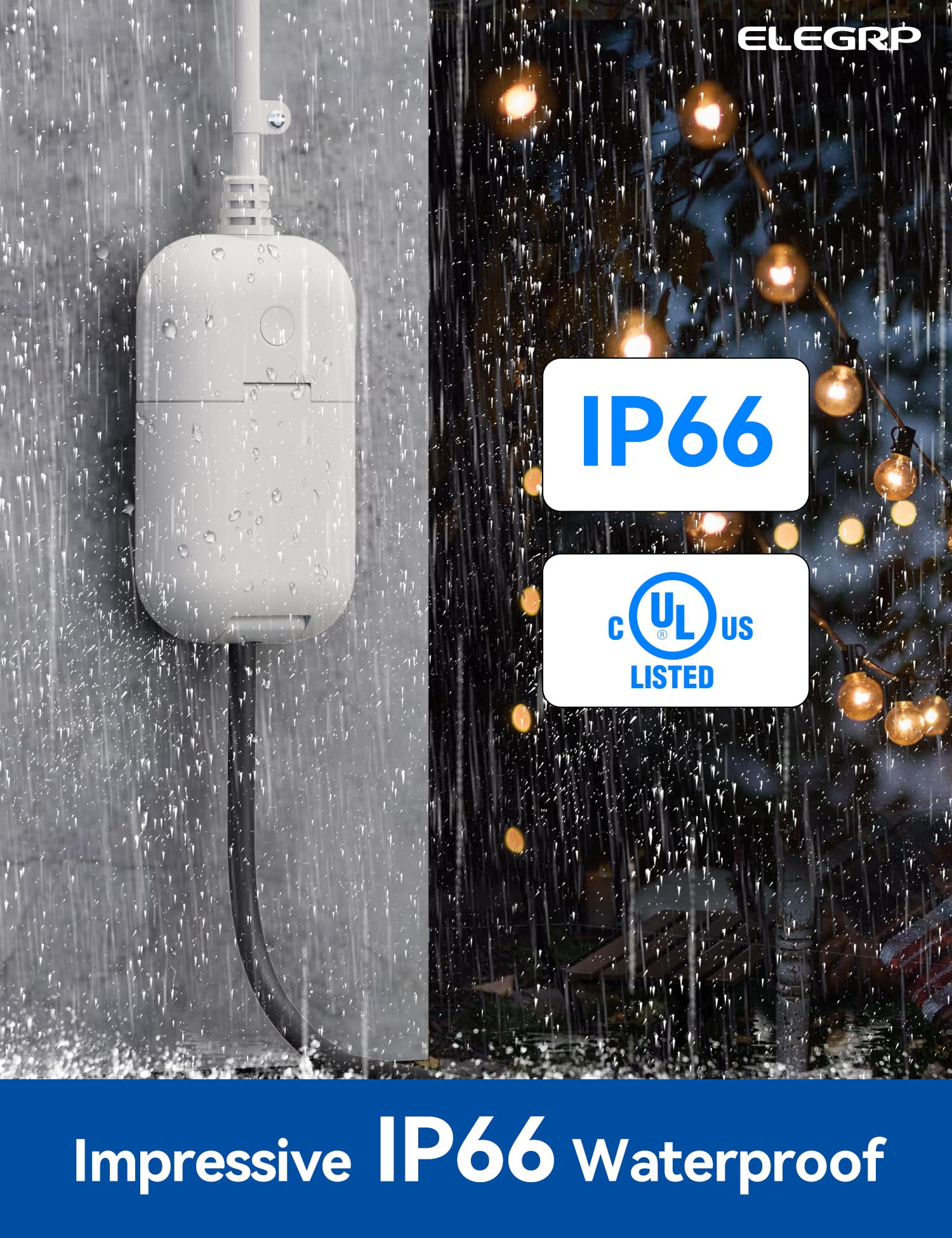 ELEGRP PQR10 Outdoor Smart Plug Waterproof IP66, WiFi Plug Compatible with Alexa & Google Assistant, Smart Outdoor Outlet for String Lights, No Hub Required, 400W Max, UL Certified, 1 Pack, Grey