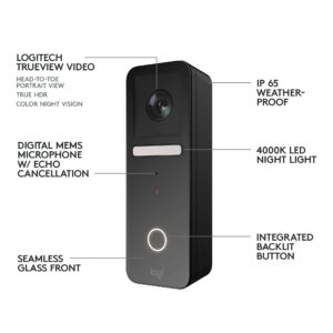 Logitech Circle View Apple HomeKit- enabled Wired Doorbell with Logitech TrueView Video, Face Recognition, Color Night Vision, and Head-to-toe HD Video - Black