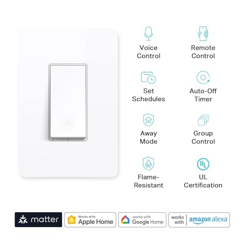 Kasa Matter Smart Light Switch: Voice Control w/Siri, Alexa & Google Assistant | UL Certified | Timer & Schedule | Easy Guided Install | Neutral Wire Required | Single Pole | 2.4GHz Wi-Fi | KS205