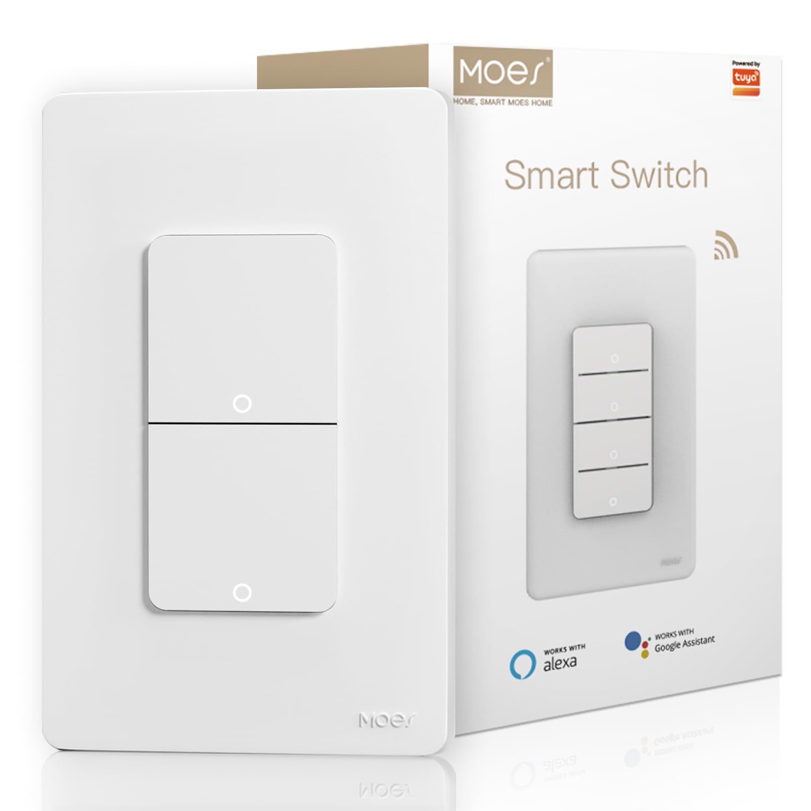 MOES Smart Double Light Switches, 2.4GHz Wi-Fi 2 Gang Single Pole Switch, Netural Wire Required, Inteligente Switch Combo Work with Alexa Google Assistant, Remote Controlgle Assistant, Remote Control