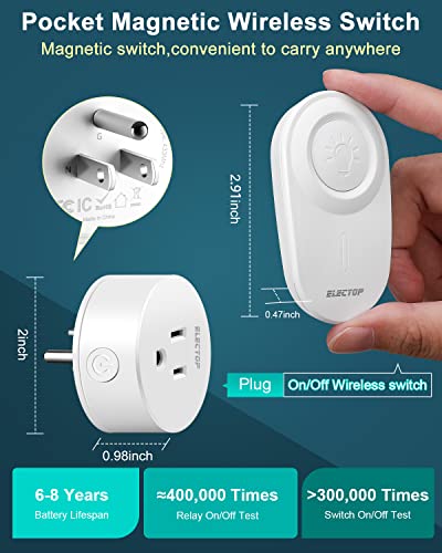 Remote Control Outlet, ELECTOP 15A/1500W Wireless Outlet Power Switch, No Wire Long Range Electrical Switch Plug On/Off for Lights, Fans, Christmas Lights, Household Appliance, 4000V Anti Surge