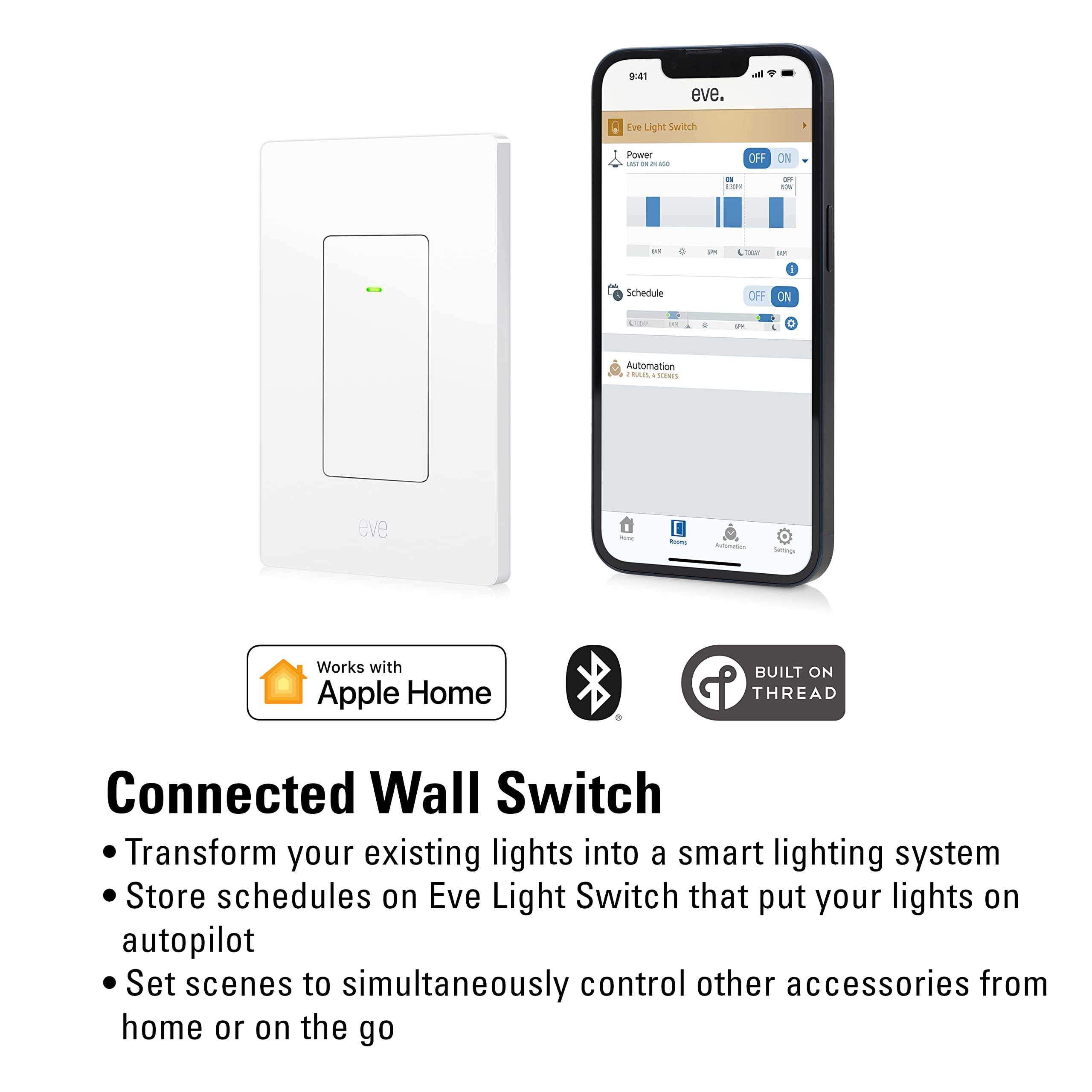 Eve Light Switch – Connected Wall Switch (Apple HomeKit), single, alternating & cross switches, compatible with multi-location setups, schedules, no bridge required, Bluetooth,Thread