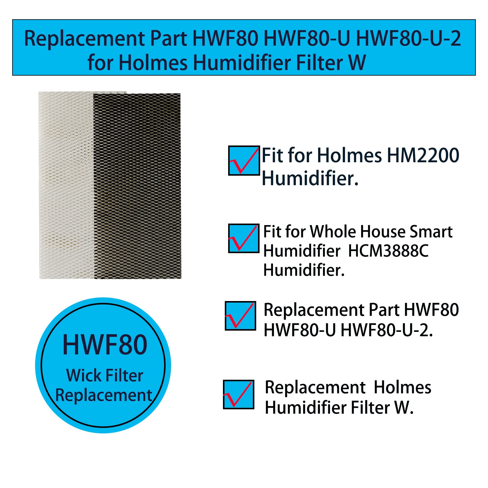 ZYBULSHJT HWF80 Humidifier Wick Replacement Filters for Holmes HM2200 Wemo HCM3888C Humidifier Replace HWF-80 HWF80-U HWF80-U-2 Filter W (2 Pcs)