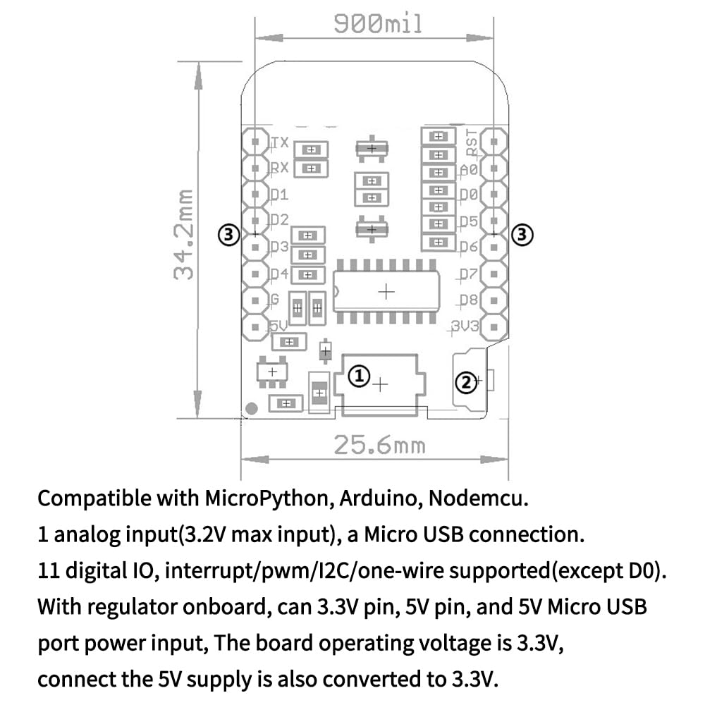 Aokin ESP8266 ESP-12F D1 Mini NodeMcu Lua 4MByte WLAN WiFi Internet Development Board for Arduino, Compatible with WeMos D1 Mini, 5 Pcs