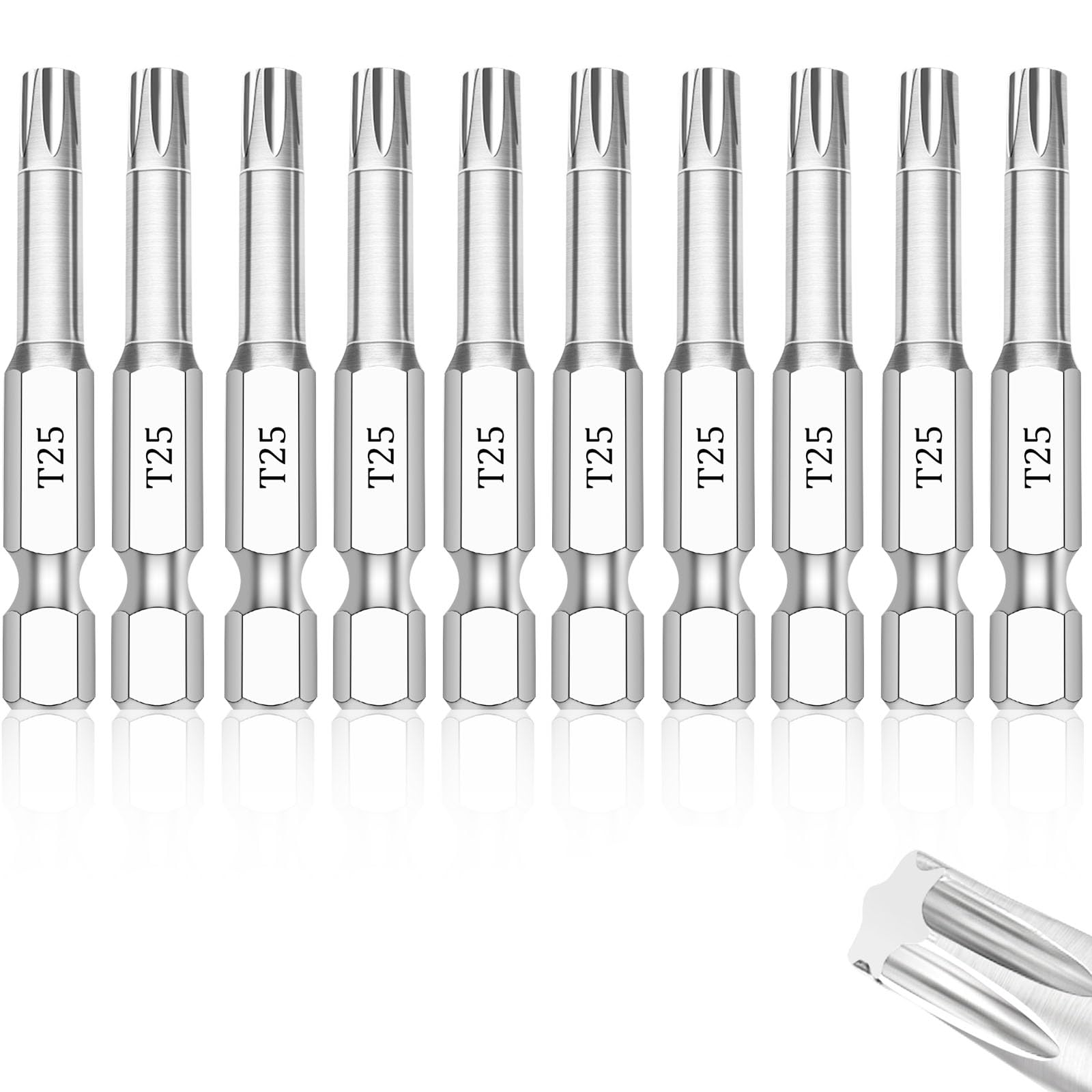 T25 Torx Bits(10-Pack 2 Inch), 1/4 Inch Hex Shank S2 Steel Magnetic star 6 Point Screwdriver bit set